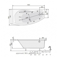 Гідромасажна асиметрична ванна 160х80 PoolSpa Nicole TITANIUM SPORT PHAOE..TSPC0000 ліва