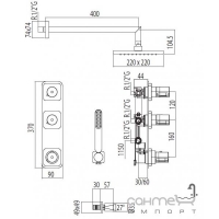 Термостатический душевой гарнитур встраиваемый с гидромассажными форсунками Tres Loft-Tres 200.250.07 Хром